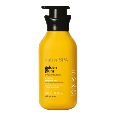 Frasco amarelo de loção corporal Nativa SPA Golden Plum com tampa preta