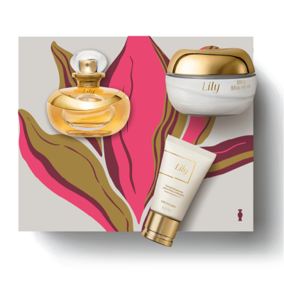 Conjunto de produtos de beleza Lily com frasco de perfume, creme em pote e tubo sobre caixa decorada.