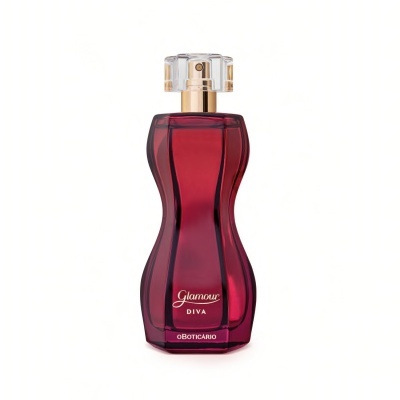 Frasco de perfume vermelho curvo com tampa transparente e rótulo Glamour DIVA