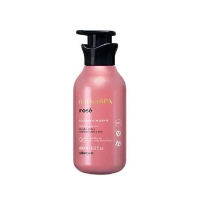Frasco rosa metálico de loção revitalizante Natura SPA Rosé com doseador preto