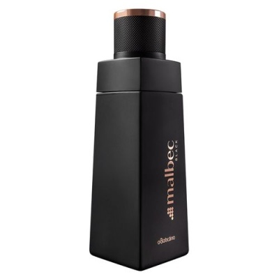 Frasco de perfume preto Malbec Noir do Boticário com tampa preto texturizada e detalhe cobre