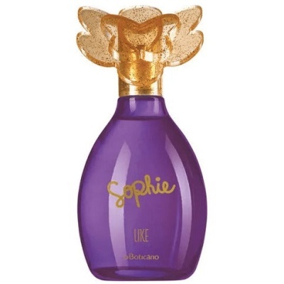 Frasco de perfume roxo com tampa dourada em forma de flor e texto dourado