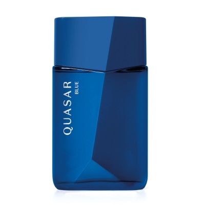 Frasco azul de perfume QUASAR BLUE com design geométrico