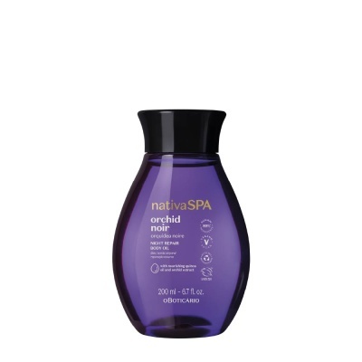 Frasco roxo de óleo de banho Nativa SPA Orchid Noir com tampa preta
