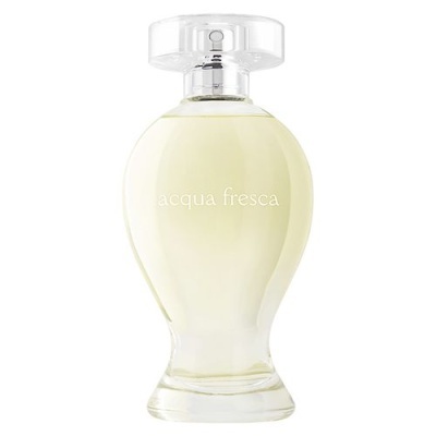 Frasco de perfume transparente com líquido amarelo e texto 'acqua fresca'