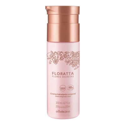 Frasco rosa de creme hidratante corporal Floratta Flores Secretas com tampa pump cor de bronze