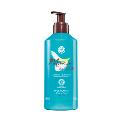 Frasco azul claro com bomba castanha de leite corporal Monoï de Tahiti da Yves Rocher