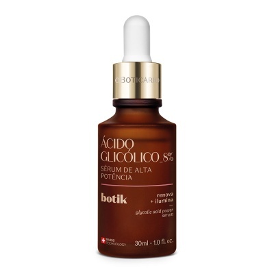 Frasco âmbar com conta-gotas branco e dourado, sérum ácido glicólico 8%, 30 ml