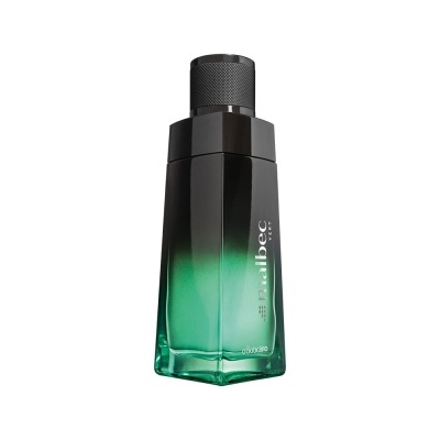 Frasco de perfume Malbec verde e preto de design hexagonal com tampa preta