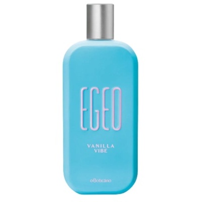 Frasco azul claro opaco de perfume EGEO VANILLA VIBE com tampa prateada
