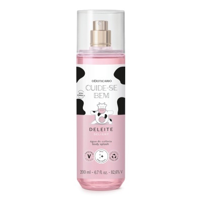 Frasco de spray corporal rosa e branco com rótulo de vaca e texto Cuide-se Bem Deleite