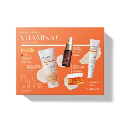 Kit Botik Rotina Vitamina C com Gel de Limpeza, Sérum, Creme Hidratante e Multiproteção na embalagem laranja