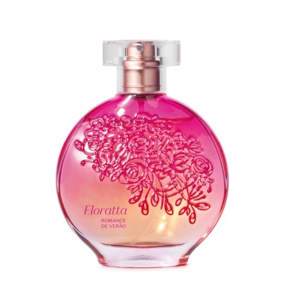Frasco redondo de perfume rosa com flores em relevo e tampa transparente