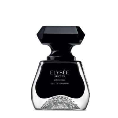 Frasco preto de perfume ELYSÉE SUCCÈS com texto branco e base em vidro transparente