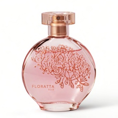 Frasco de perfume rosa com relevo floral e tampa transparente.