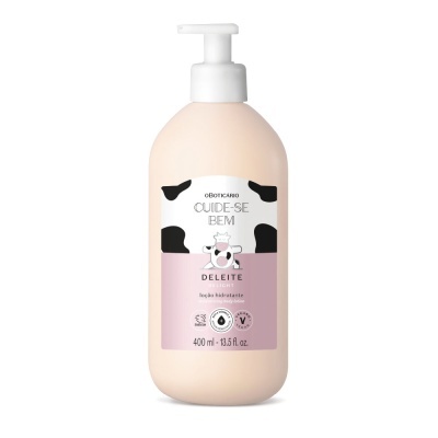 Frasco de loção hidratante corporal rosa com doseador branco e manchas pretas