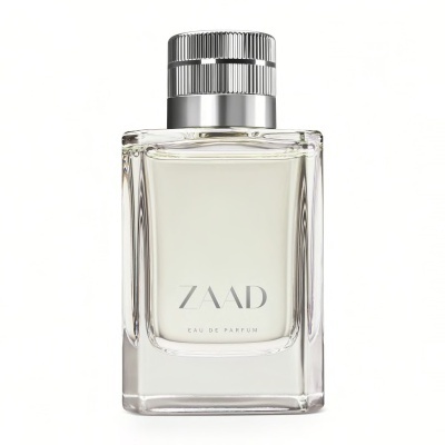 Frasco retangular transparente de perfume ZAAD com tampa prateada