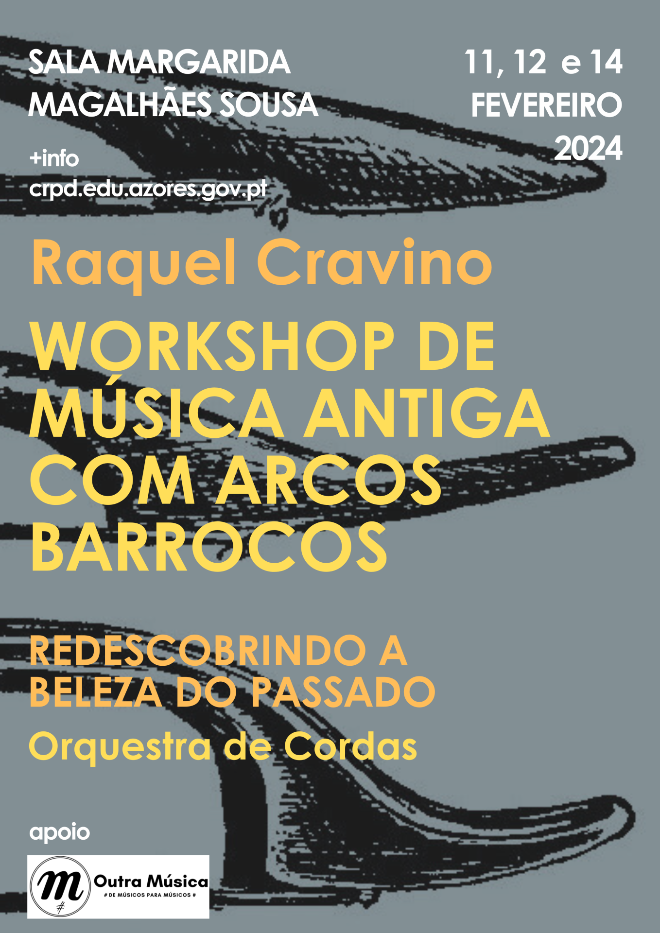 Cartaz para workshop de música antiga com arcos barrocos em fevereiro de 2024