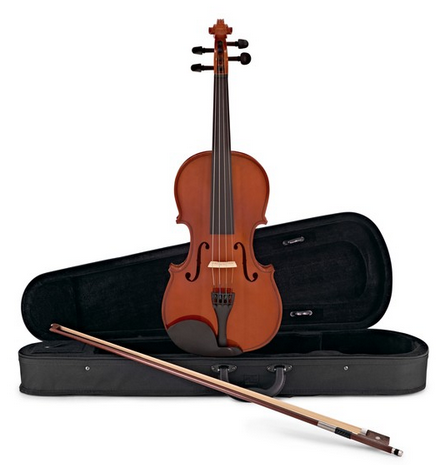 Violino estudante - ALUGUER Violino castanho com arco e estojo preto aberto