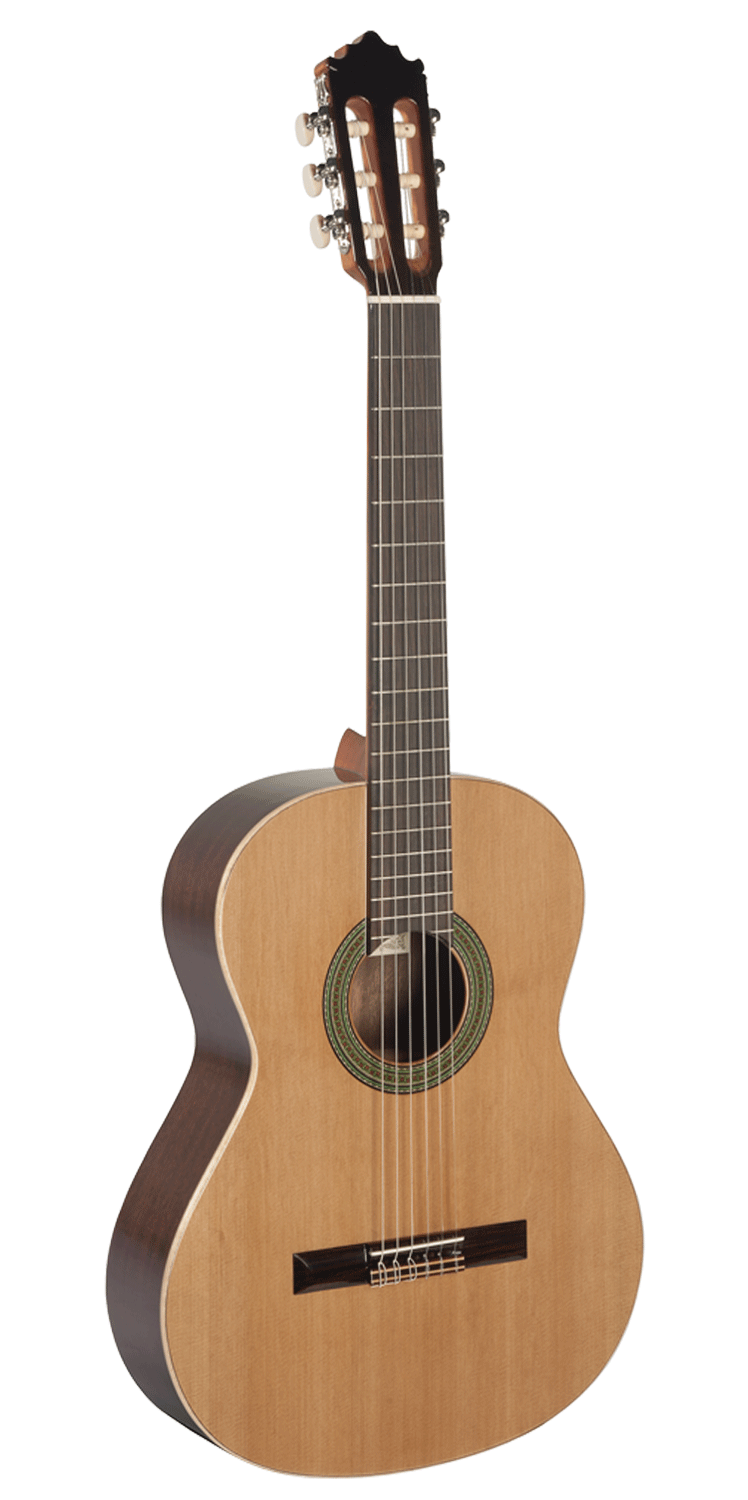 Guitarra clássica em madeira clara com laterais em madeira escura e roseta decorativa