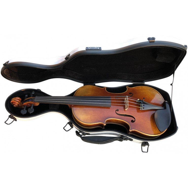 Rapsody Cabine Violino de madeira castanho dentro de estojo preto aberto