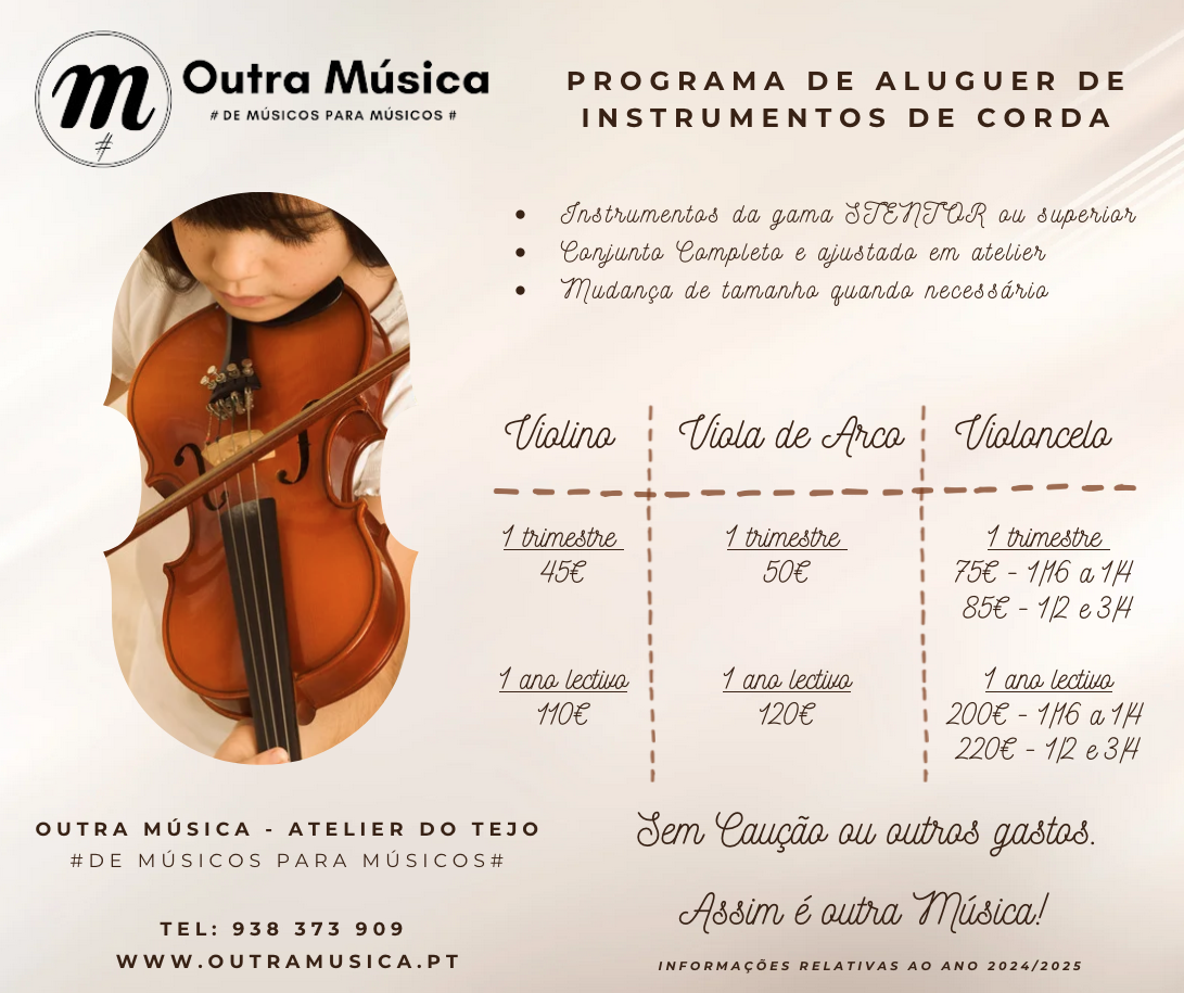 Aluguer de Instrumentos musicais - Escolas Programa de aluguer de instrumentos de corda da Outra Música com criança segurando violino e preços visíveis