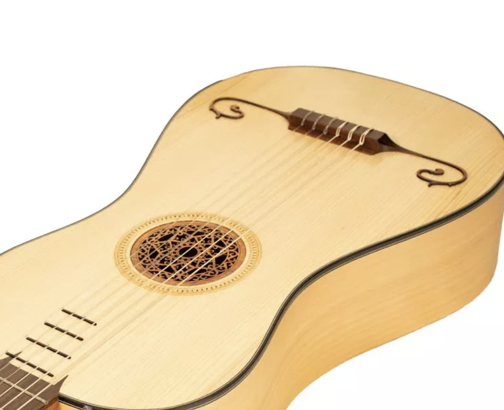 Guitarra Barroca APC Guitarra de madeira clara com decoração circular e ponte com detalhes em espiral