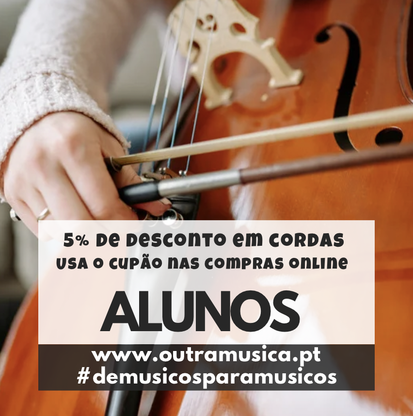 Mão a tocar violoncelo castanho com texto promocional
