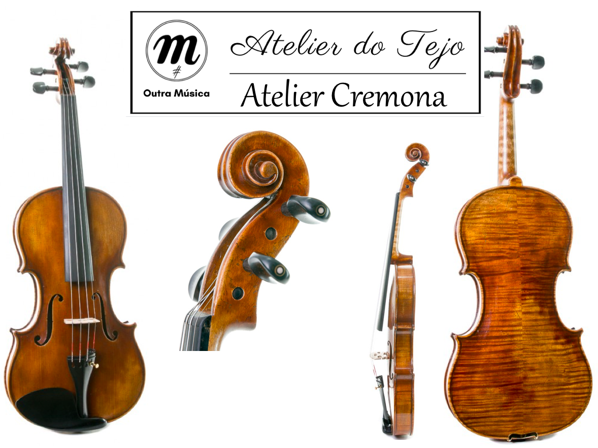 Violino Atelier Cremona - Atelier do Tejo Violino visto de frente, perfil e atrás com texto e logo num fundo branco