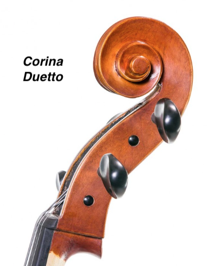 Violoncelo Corina Duetto + Luthier Cabeceira de instrumento de cordas em madeira castanha com texto 'Corina Duetto'