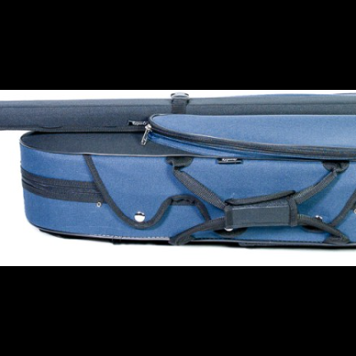 Estojo rígido azul para instrumento musical com bolsos e alça