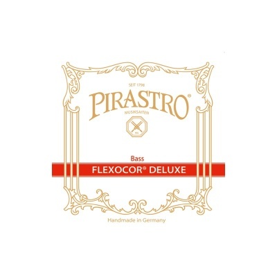 Etiqueta decorativa com texto PIRASTRO FLEXOCOR DELUXE Bass em dourado e vermelho