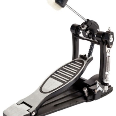 Pedal de bumbo de bateria preto e prata com batente de feltro branco