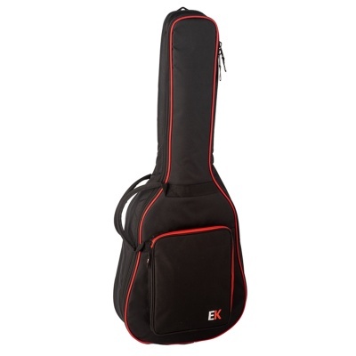 Estojo de guitarra preto com detalhes vermelhos e bolso frontal com EK
