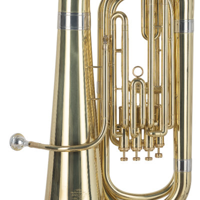 Imagem de uma tuba dourada com pistões e corneta