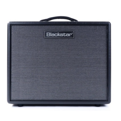 Amplificador de guitarra Blackstar preto com tecido frontal cinzento e logótipo