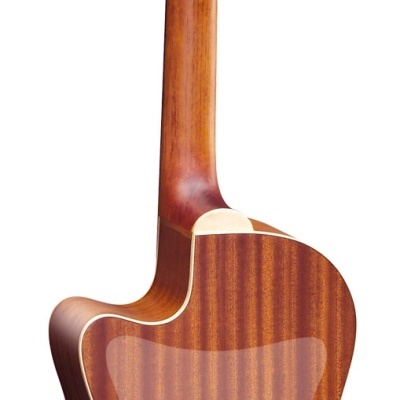 Guitarra clássica castanha vista por trás com cravelhas brancas