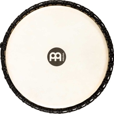 Pele de tambor redonda branca com borda preta e logótipo 'meinl'