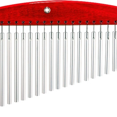 Chocalho musical com madeira vermelha e barras metálicas prateadas