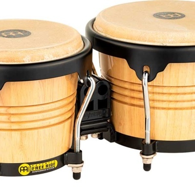 Bongôs de madeira clara com aros pretos e pele sintética clara, logotipo MEINL