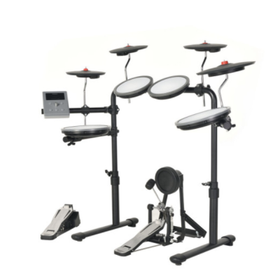 Bateria eletrónica preta e branca com pedais em fundo branco