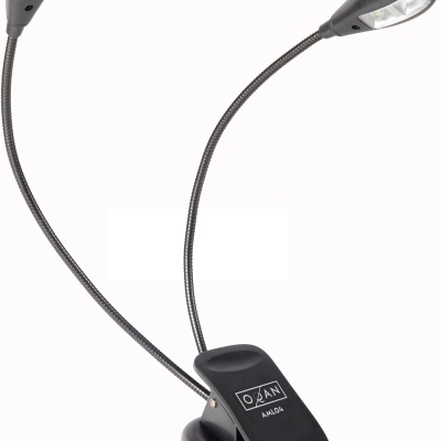 Candeeiro de leitura preto com duas cabeças flexíveis e clip com texto