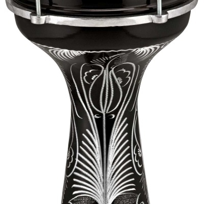 Darbuka preta com padrões brancos e pele branca com logo MEINL