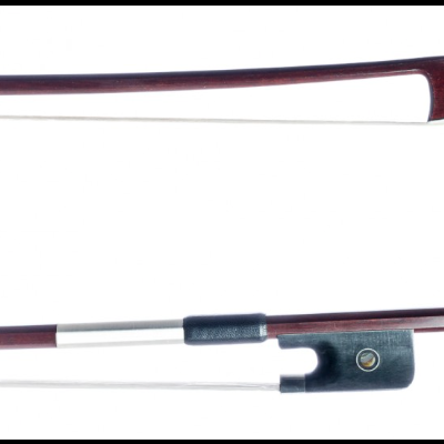 Arco para violino em madeira castanha com crina branca e detalhes metálicos