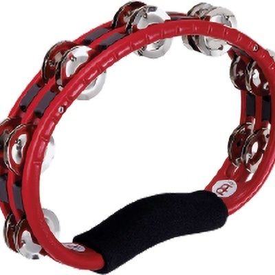 Pandeireta vermelha com argolas metálicas duplas e pega preta em espuma