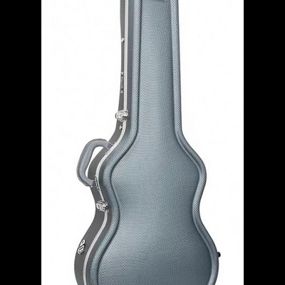 Estojo rígido cinza para guitarra clássica com fechos prateados e pega lateral