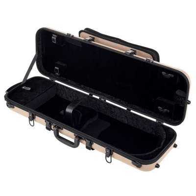 Estojo para instrumento musical com interior preto e exterior bege aberto