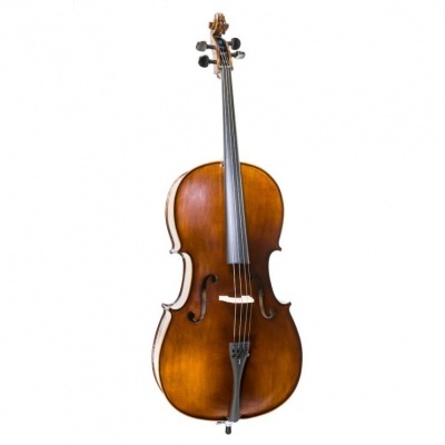 Violoncelo de madeira castanho brilhante sobre fundo branco