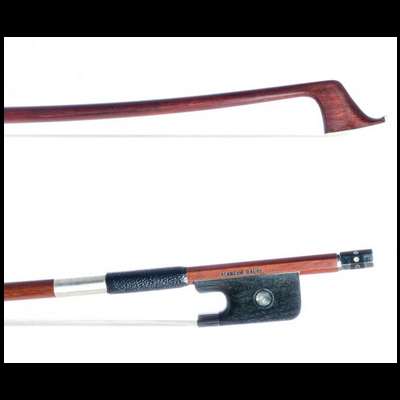 Arco para violino em madeira e crina branca com faixa de couro preta.