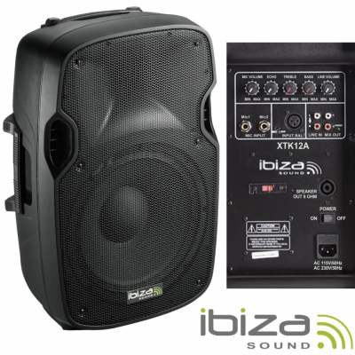 Coluna ativa Ibiza Sound XTK12A preta com controlos e entradas no painel traseiro